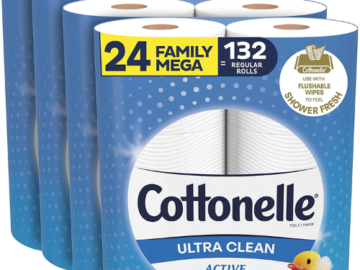 24 Family Mega Rolls Cottonelle Ultra Clean Toilet Paper as low as $20.78 After Coupon (Reg. $53) + Free Shipping! 87¢/ 388-Sheet Roll – 24 Family Mega Rolls = 132 Regular Rolls