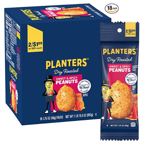 18-Pack Planters Sweet and Spicy Dry Roasted Peanuts, 1.75-Oz as low $5.49 Shipped Free (Reg. $11.79) – 31¢ each