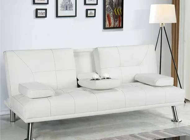 Add an anchor piece for your living room with this Modern Faux Leather Futon with Cupholders and Pillows for just $160 Shipped Free (Reg. $209)