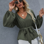 Look more charming, elegant and beautiful with this V Neck Leisure Long Lantern Sleeve Belt Solid Shirt for just $14.45 After Code (Reg. $22.23)