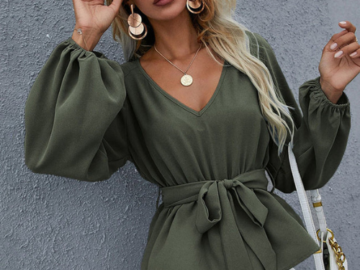 Look more charming, elegant and beautiful with this V Neck Leisure Long Lantern Sleeve Belt Solid Shirt for just $14.45 After Code (Reg. $22.23)
