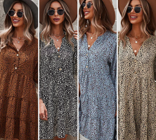 Elevate your style with this Loose V-Neck Bubble Sleeve Leopard Print Dress $18.38 After Code (Reg. $28.27) – 4 Colors Available!