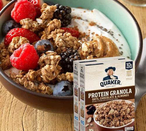 2-Pack Quaker Protein Granola, Oats Chocolate, & Almonds as low as $8.99  After Coupon (Reg. $12) + Free Shipping  – $4.50 per 18-oz box, 10g of protein per serving