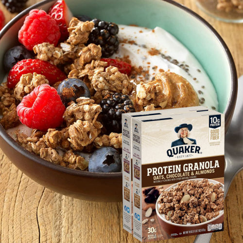 2-Pack Quaker Protein Granola, Oats Chocolate, & Almonds as low as $8.99  After Coupon (Reg. $12) + Free Shipping  – $4.50 per 18-oz box, 10g of protein per serving