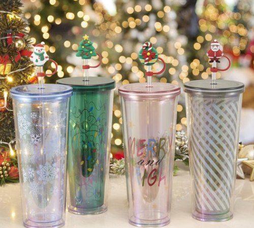 4-Pack Holiday Time 26-Oz Christmas Tumbler w/ Figural Straw $12 (Reg. $19.97) – $3/Tumbler – Multi-Color