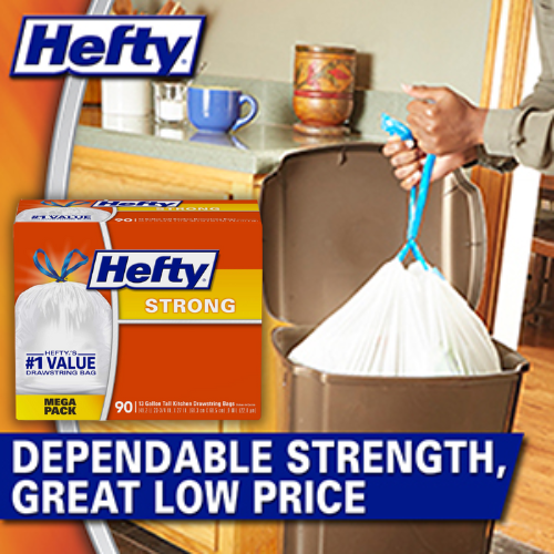 90-Count Hefty Strong Tall Kitchen Drawstring Trash Bags (Unscented) as low as $11.04 After Coupon (Reg. $28) + Free Shipping – 12¢/ 13-Gallon Bag