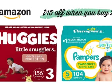 $15 Off wyb (2) Diapers: Huggies, Pampers or Honest