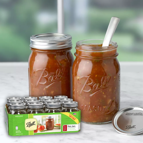 12-Count Ball Regular Mouth Pint Mason Jars with Lids & Bands $10.59 – 88¢/ 16 Oz Jar with Lid & Band