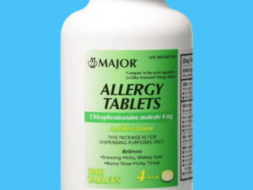 1000-Count Major Pharmaceuticals Chlorpheniramine Maleate Anti-Allergy Tablets, 4mg as low as $7.46 Shipped Free (Reg. $12) – 4.6K+ FAB Ratings! Less than a cent per tablet