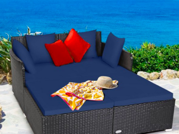 Costway Outdoor Patio Rattan Daybed Pillows Cushioned Sofa Furniture