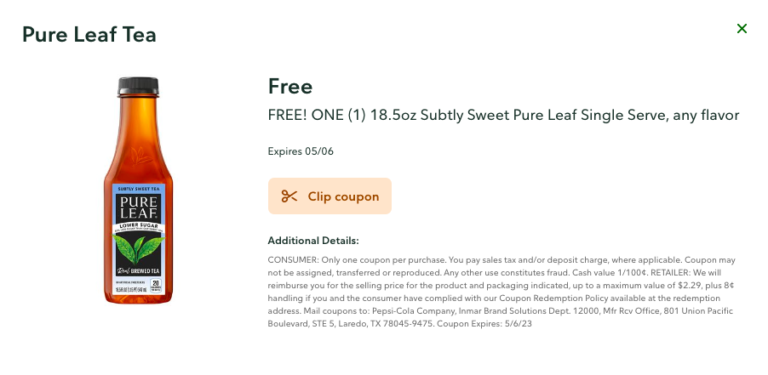 New Publix Digital Coupon | FREE Subtly Sweet Pure Leaf Single Serve Tea