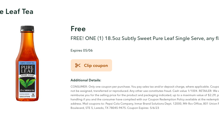 New Publix Digital Coupon | FREE Subtly Sweet Pure Leaf Single Serve Tea