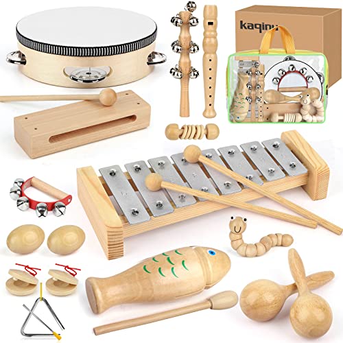 kaqinu Kids Musical Instruments, 23 Packs Toddlers 100% Natural Wooden Music Percussion Toy Sets for Childrens Preschool Educational Early Learning, Musical Toys for Age 3 to 10 Toddlers with Bags