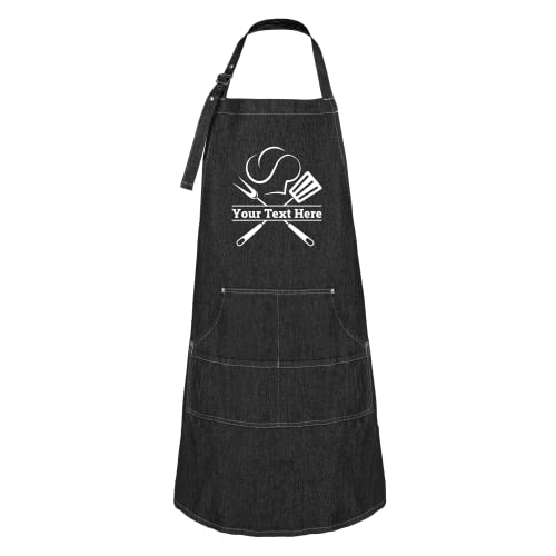 Hot4TShirts Personalized Apron for Men & Women — Custom Denim Chef Apron with Pockets — Customized Cooking Gifts (Black Denim)