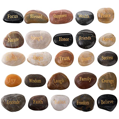 Jucoan 25 Pack Engraved Inspirational Stones, 1-2 Inch Different Words Encouragement Stones Gift for Friends, DIY Rocks for Craft