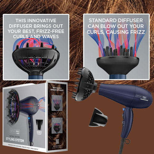 INFINITIPRO BY CONAIR Hair Dryer with Innovative Diffuser, 1875W $19.99 (Reg. $47) – Enhances Curls and Waves while Reducing Frizz, Lowest price in 30 days