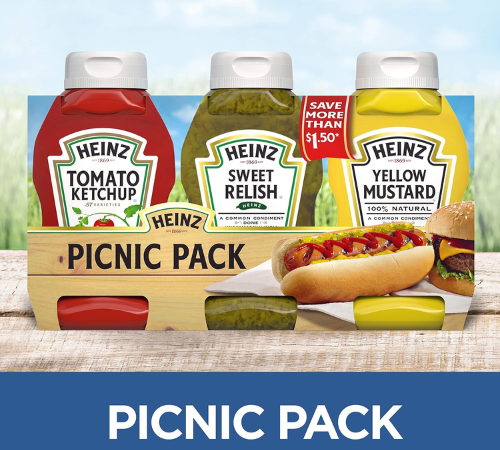 Heinz 3-Count Tomato Ketchup, Relish, and Mustard Picnic Pack as low as $4.78 when you buy 4 (Reg. $6) + Free Shipping – $1.59 Each