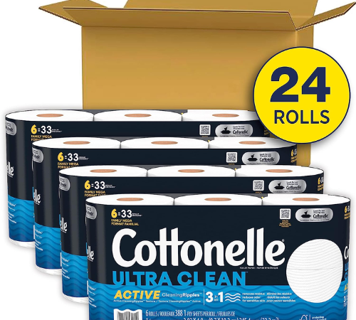 Cottonelle Ultra Clean Toilet Paper Family Mega Rolls, 24-Count as low as $20.28 After Coupon (Reg. $53) + Free Shipping – 85¢/ 388-Sheet Roll – 24 Family Mega Rolls = 132 Regular Rolls