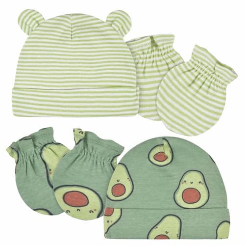 Gerber 4-Piece Comfy Stretch Avocado Caps & No Scratch Mittens Set