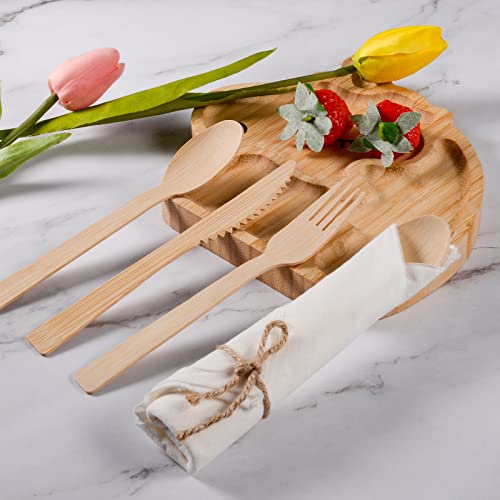 Pre Rolled Napkin and Bamboo Cutlery Set - 30Pack Bamboo Utensils/Cutlery Set(30 Forks, 30 Knives, 30 Spoons, 30 Napkins), Biodegradable Wrapped Cutlery for Party, Banquet, Wedding