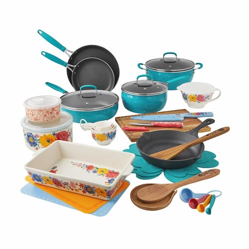 The Pioneer Woman Brilliant Blooms 38-Piece Cookware Set in teal