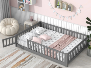 Let your kids’ imaginations run wild and provide them with a space they’ll love to sleep and play in with this Full Size Wood Floor Bed Frame with Fence and Door for Kids and Toddlers for just $169.99 Shipped Free (Reg. $399.99)