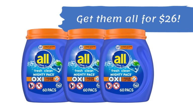 Amazon | 60 Ct All Laundry Detergent Pacs | 3 for $26