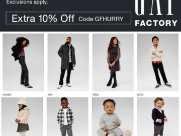 GAP Factory: Extra 50% Off Clearance + Take an Extra 10% Off with code GFHURRY!