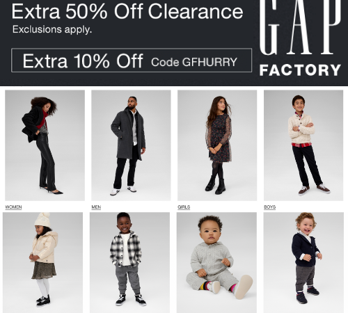 GAP Factory: Extra 50% Off Clearance + Take an Extra 10% Off with code GFHURRY!