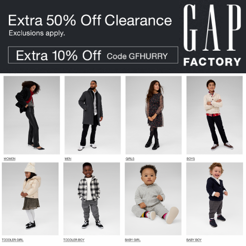 GAP Factory: Extra 50% Off Clearance + Take an Extra 10% Off with code GFHURRY!