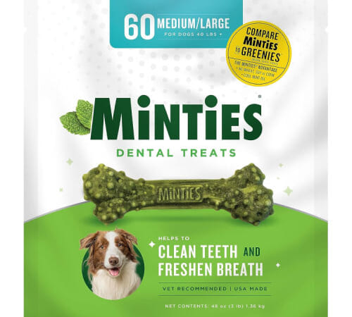 Minties Dental Chews for Dogs, 60-Count as low as $12.71 After Coupon (Reg. $30) + Free Shipping – $0.21/ Chew, For Medium/Large Dogs over 40-lbs