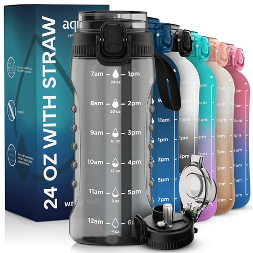 Water Bottle 24 oz - 24 oz Water Bottle with Straw & 2-in-1 Lid - 24 oz Water Bottles with Straw - Water Jug Water Bottle with Time Marker - Motivational Water Bottle - Reusable Water Bottle for Gym