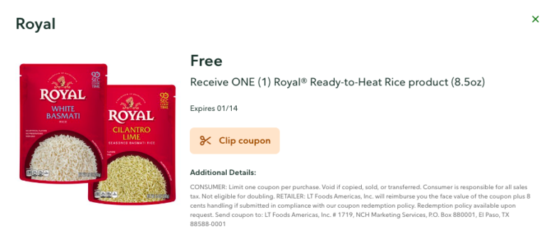 FREE Royal Ready-to-Heat Rice | Publix Digital Coupon