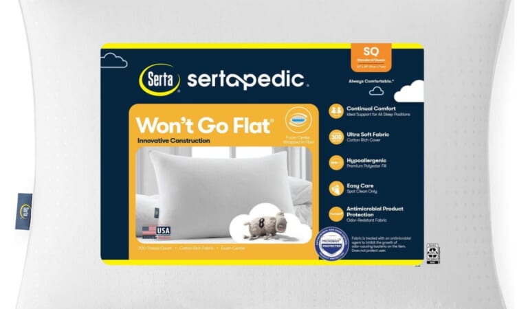 Sertapedic Won't Go Flat Bed Pillow for $9 + free shipping w/ $35