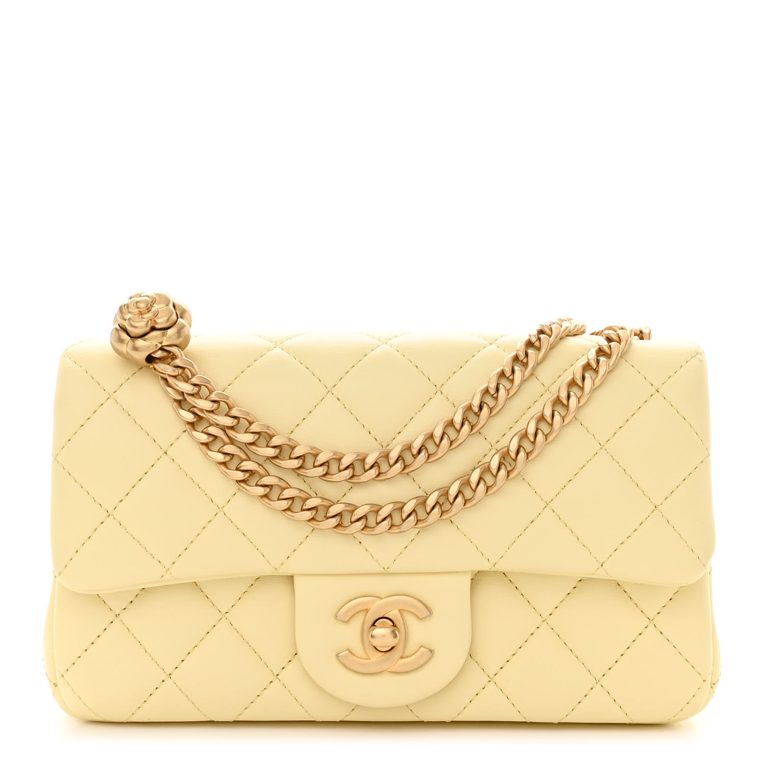 front view image of CHANEL Lambskin Quilted Mini Rectangular Sweet Camellia Flap in the color Yellow by FASHIONPHILE