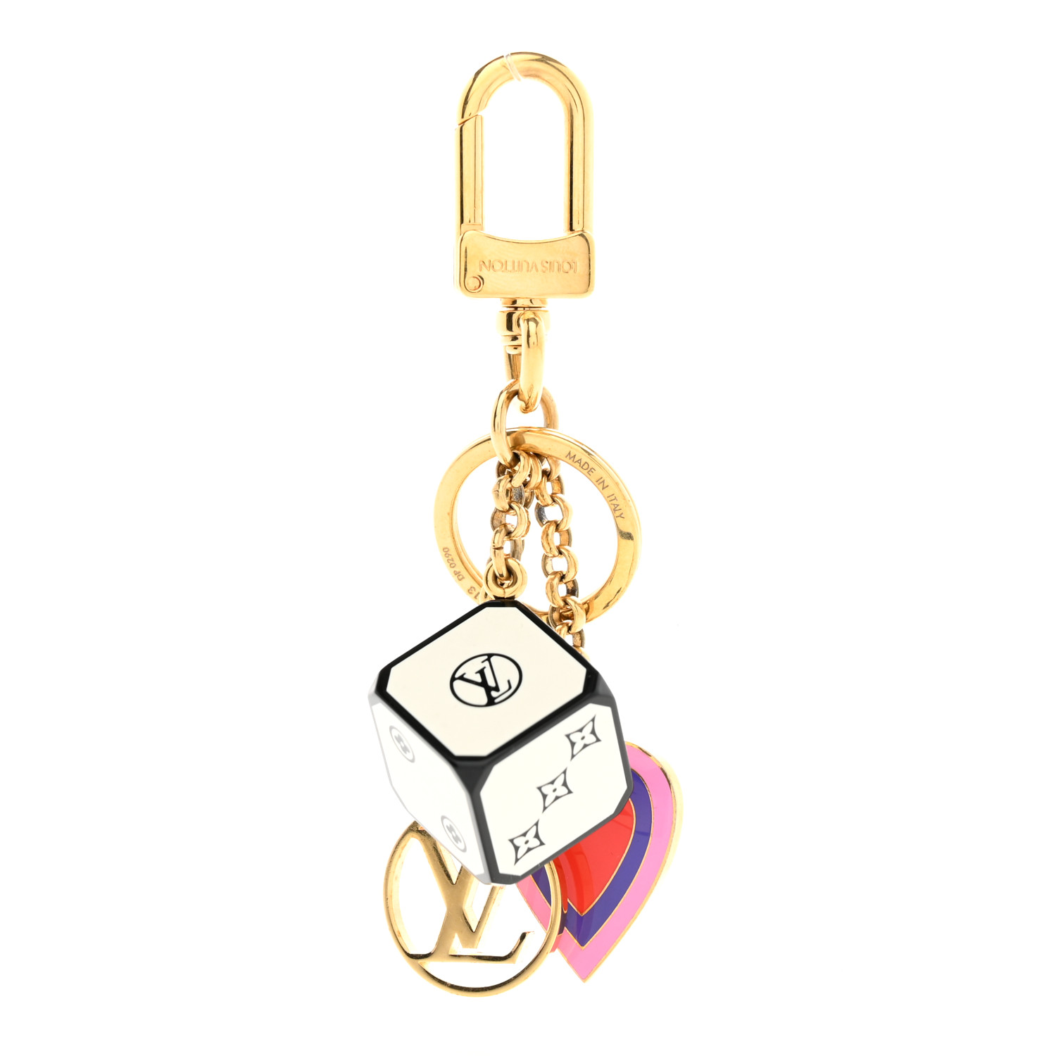 image of a LOUIS VUITTON Metal Resin Game On Dice and Heart Charm Key Holder Gold by FASHIONPHILE