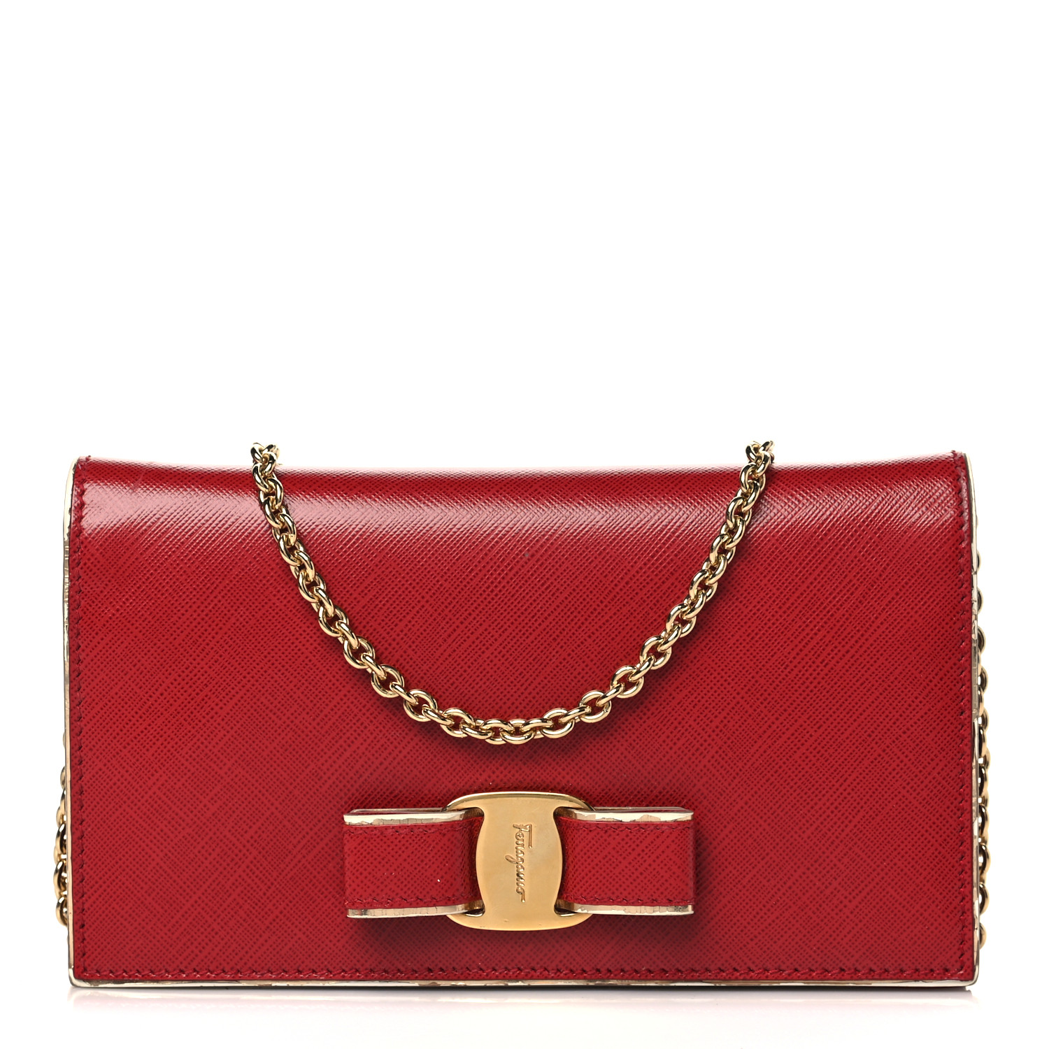 image of a SALVATORE FERRAGAMO Hammered Calfskin Vara Bow Chain Wallet in the color Red by FASHIONPHILE