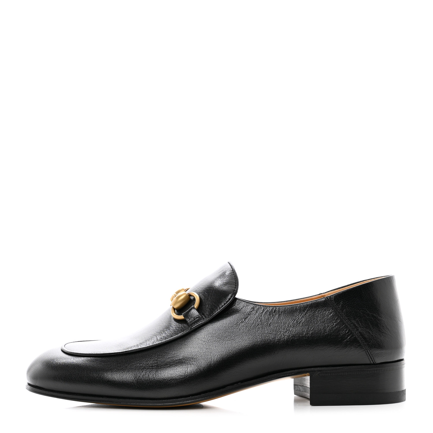 image of a GUCCI Goatskin Womens Horsebit Mid-Heel Loafers in the color Black by FASHIONPHILE