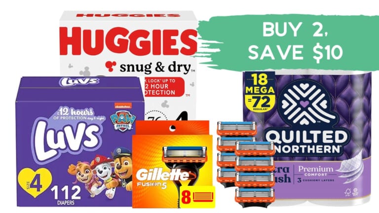 $10 Off wyb (2) Select Bath Tissue, Diapers, Razors