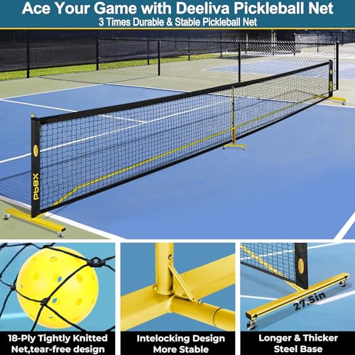 Deeliva Pickleball Set Net with Wheels Driveway Portable Outdoors Regulation Size Pickle Ball Nets System with 4 Paddles, 6 Pickle Balls, Court Line Marker, Carry Bag, Weather Resistant Metal Frame