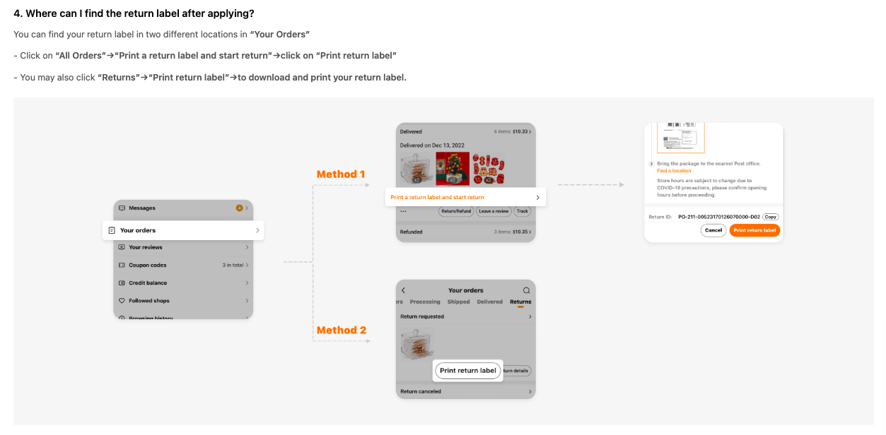 a graphic showing how to get a return label from temu