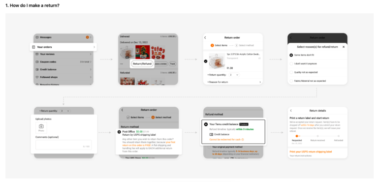 screenshots showing Temu return process