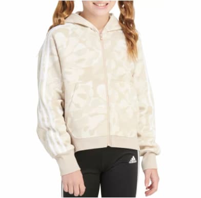 adidas Girls' Zip-Front Essential 3-Stripe Hooded Fleece Jacket