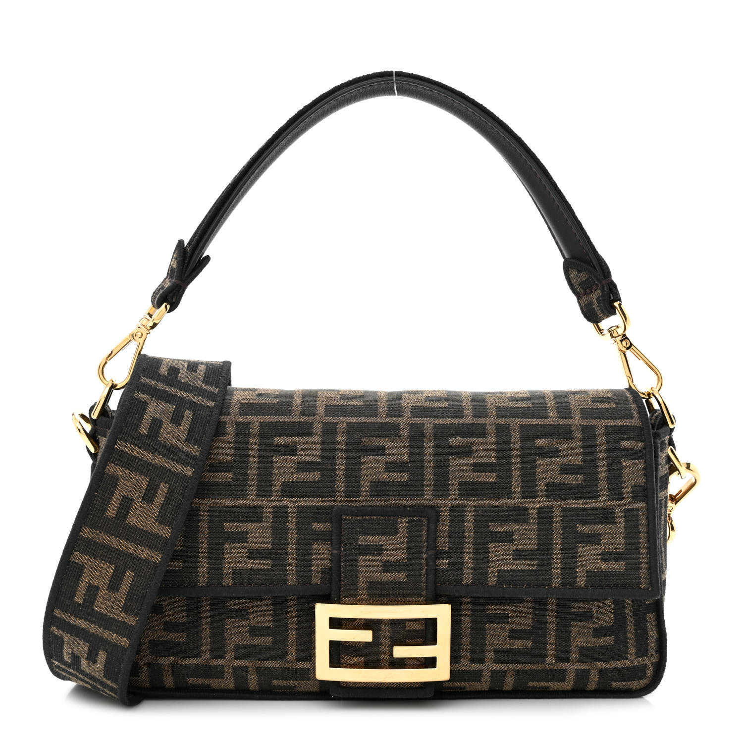 image of a FENDI Fabric Jacquard FF 1974 Medium Baguette in the colors Tobacco Moro Black by FASHIONPHILE