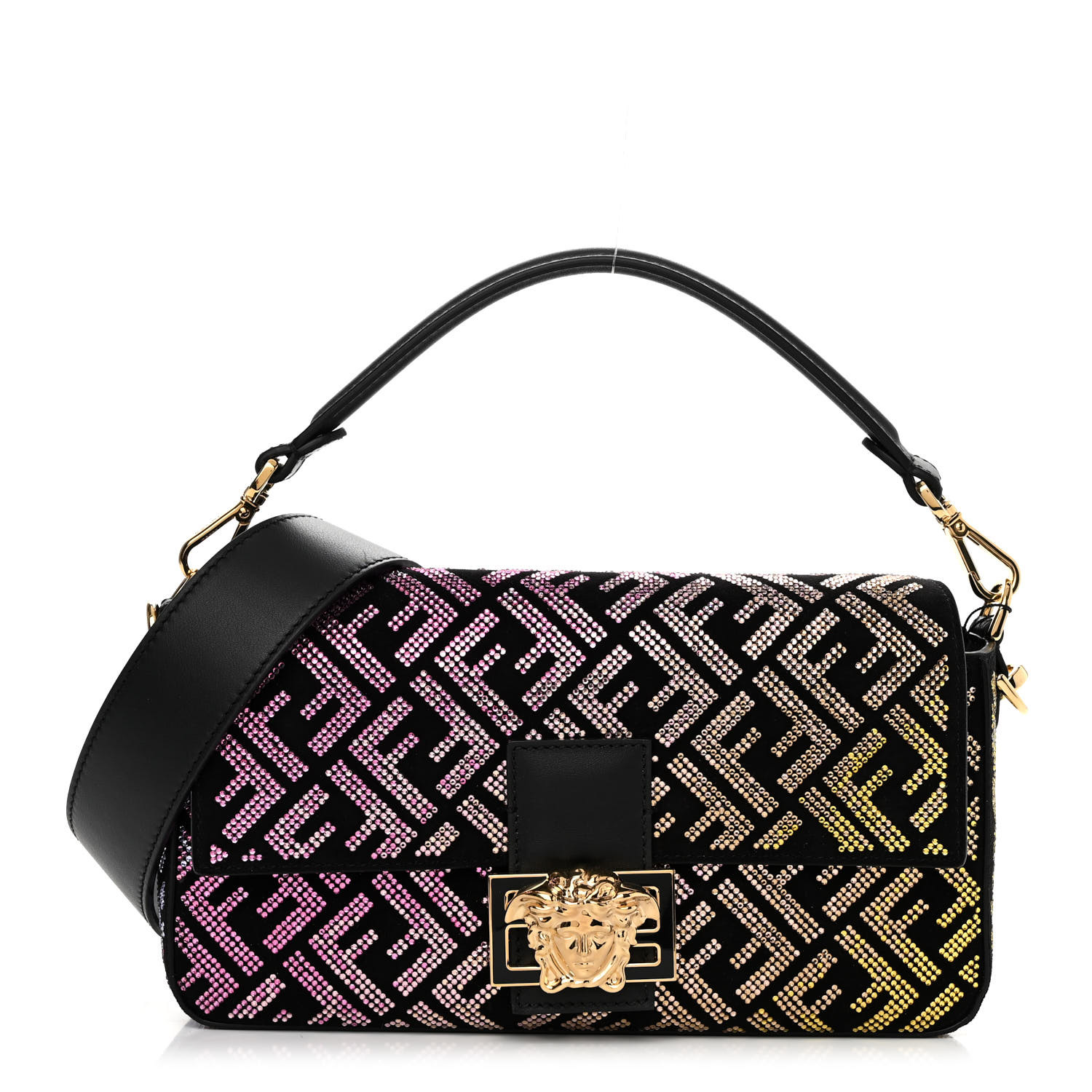 image of FENDI X VERSACE Calfskin Sequin Fendace FF Baguette in the color Black Multicolor by FASHIONPHILE