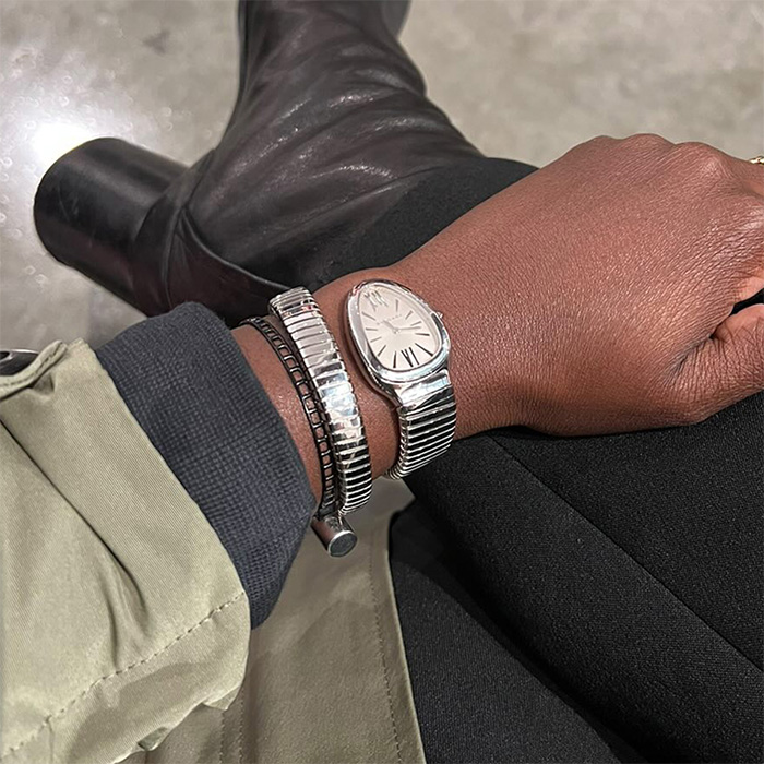 Nikki Ogunnaike editor in chief for marie claire wearing her bulgari serpenti tubogas watch from FASHIONPHILE