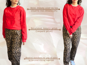 Trends 101 Outfit #5: Leopard jeans, white tee, red sweatshirt, red and white Adidas Sambas  