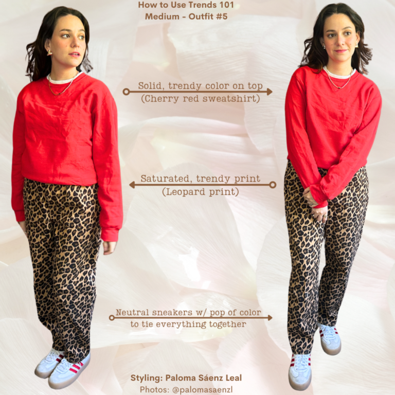 Trends 101 Outfit #5: Leopard jeans, white tee, red sweatshirt, red and white Adidas Sambas  