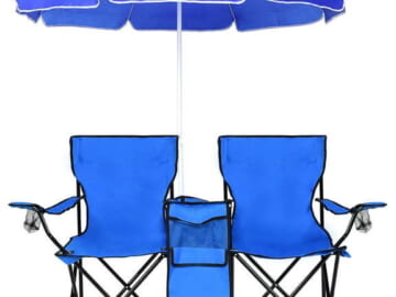 Costway Folding Double Camping Chair w/ Umbrella, Table, and Cooler for $60 + free shipping